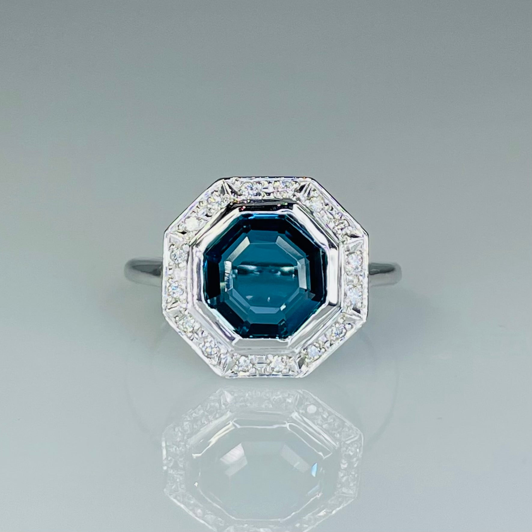 14K White Gold London Blue Topaz and Diamond Ring 3.05ct/0.10ct