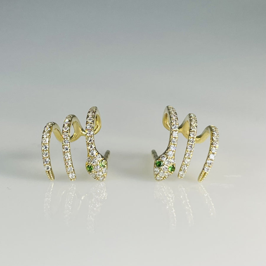 14K Yellow Gold Emerald Diamond Snake Earrings 0.02/0.21ct