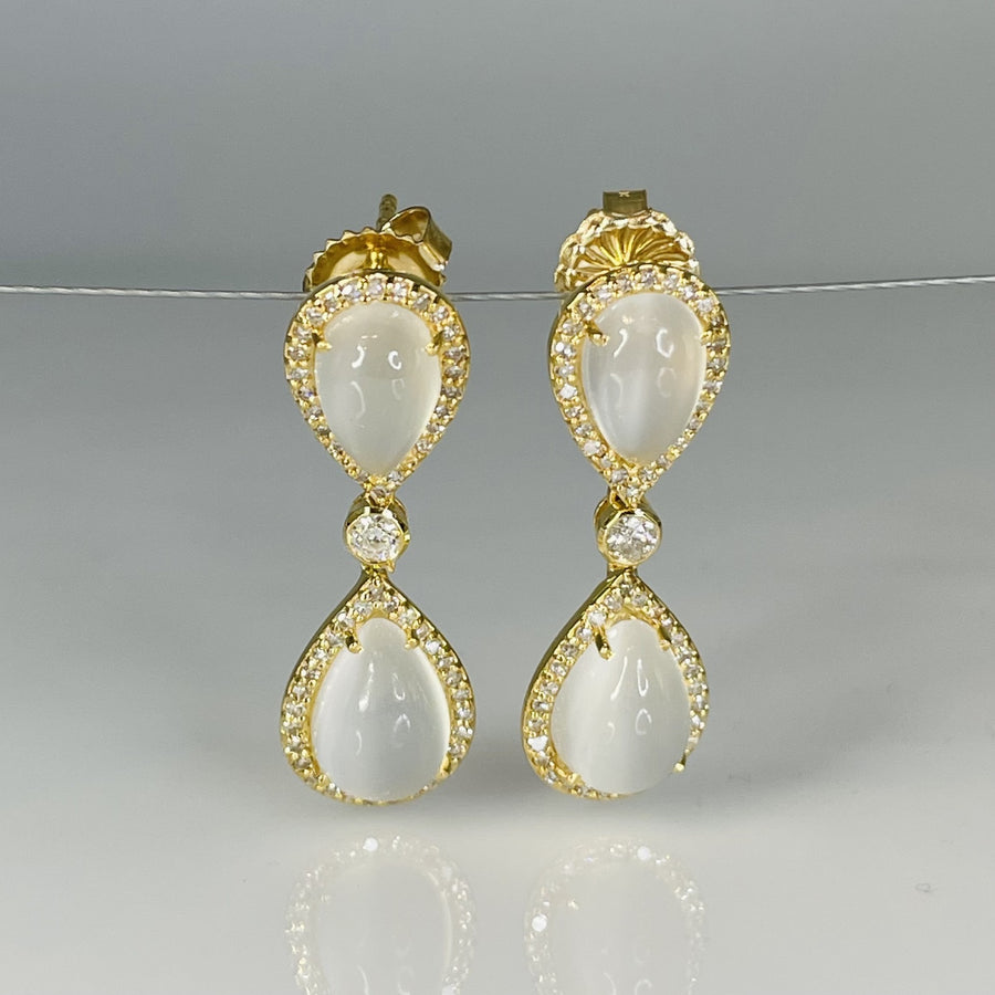 14K Yellow Gold Rainbow Moonstone and Diamond Earrings 7.26/0.63ct