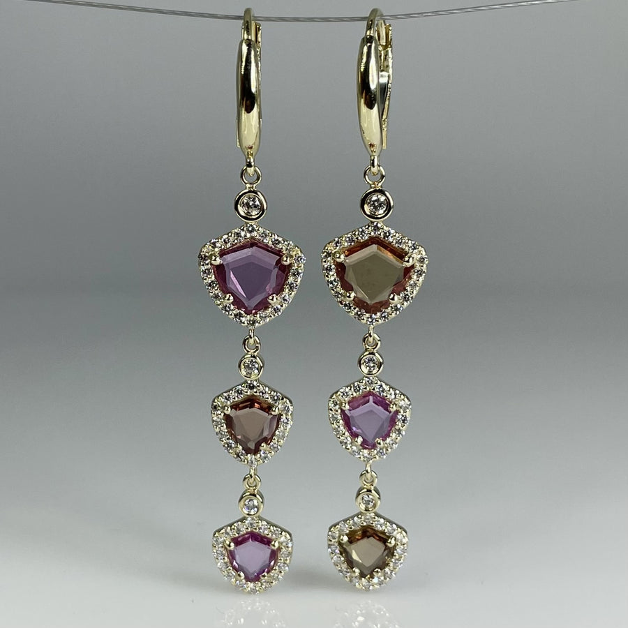 14K Yellow Gold Lotus and Pink Sapphire Shield Drop Earrings 4.32ct/0.9ct