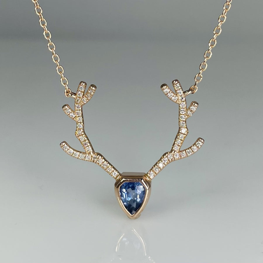 14K Rose Gold Blue Sapphire and Diamond Antler Necklace 0.86ct/0.21ct