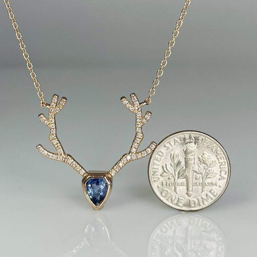 14K Rose Gold Blue Sapphire and Diamond Antler Necklace 0.86ct/0.21ct