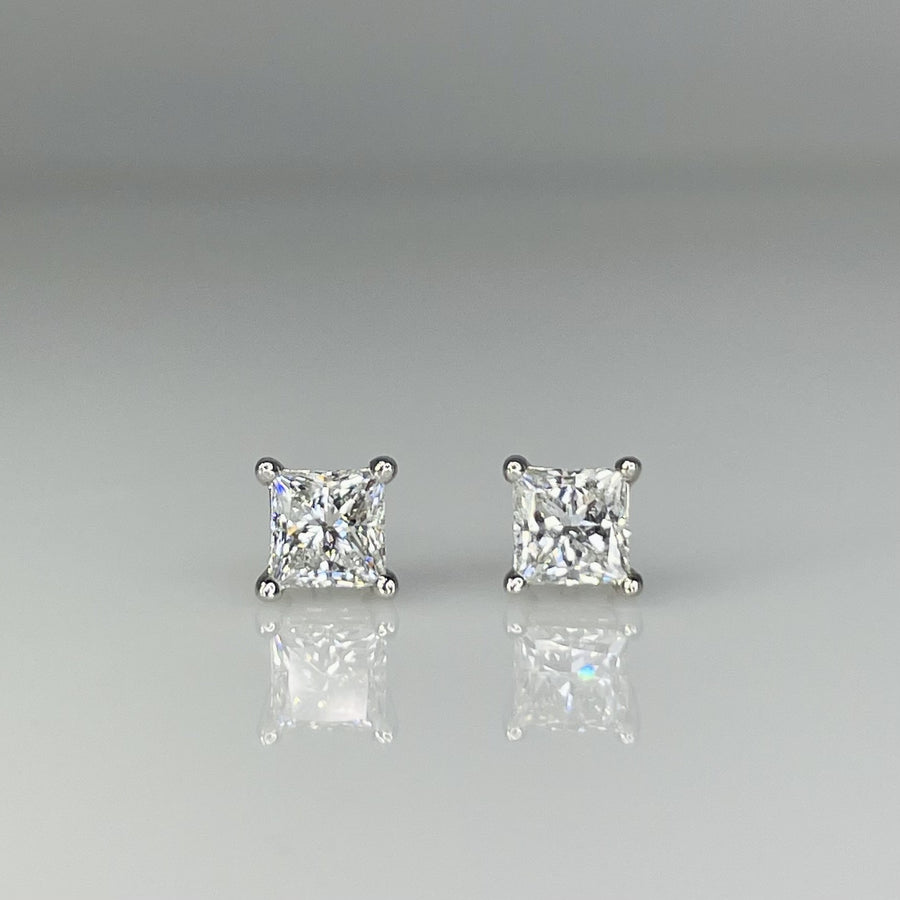 14K White Gold Princess Cut Lab Diamond Studs 1.02ct G/VS