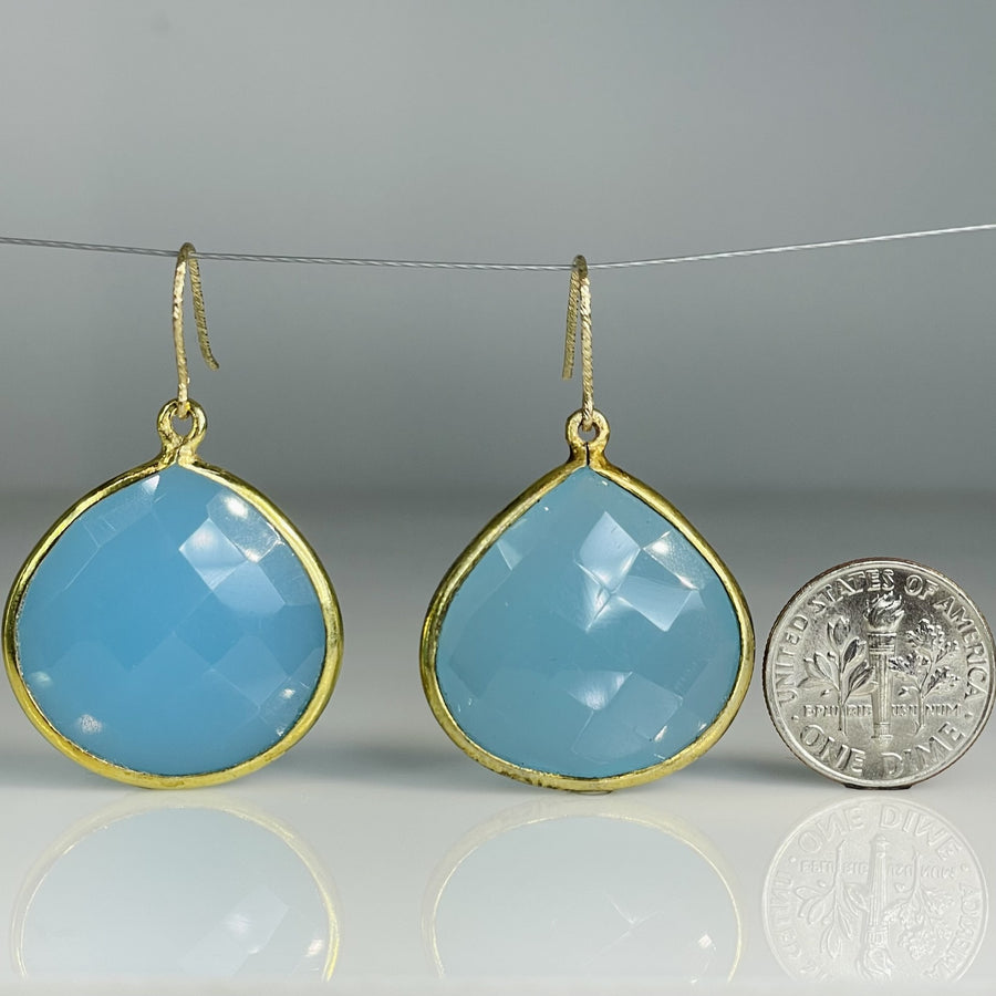 Bezel Set Blue Chalcedony Drop Earrings 25x29mm