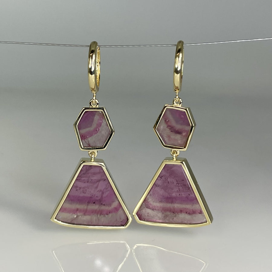 14K Yellow Gold Watermelon Tourmaline Drop Earrings 18.82ct