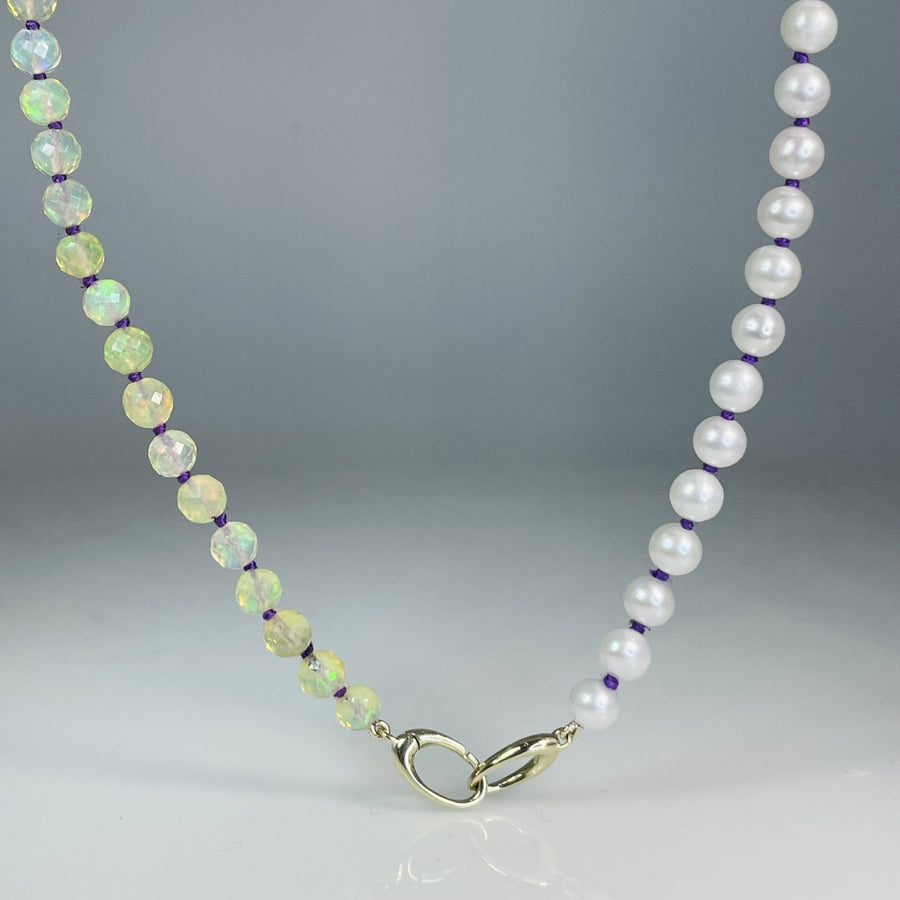 14K Yellow Gold Infinity Ethiopian Opal and Freshwater Pearl Beaded Necklace