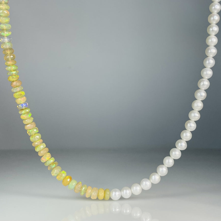 14K Yellow Gold Ethiopian Opal and Freshwater Pearl Beaded Necklace