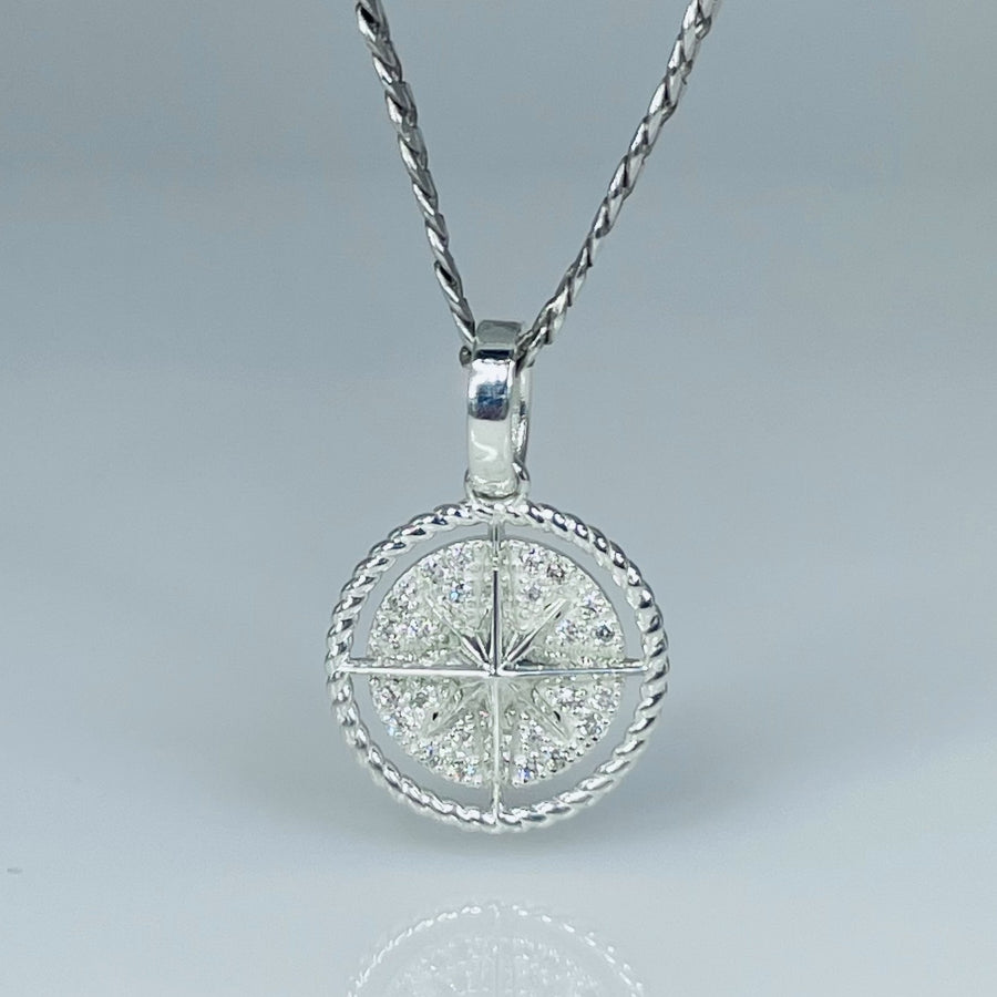 14K White Gold Diamond Mini Compass Necklace 0.12ct