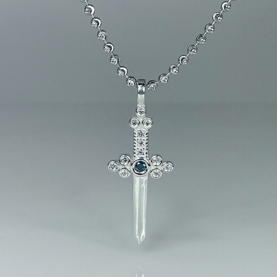 14K White Gold Blue Diamond Dagger Necklace 0.06/0.18ct