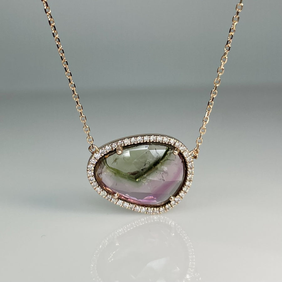 14K Rose Gold Watermelon Tourmaline and Diamond Necklace 4.88ct/0.22ct