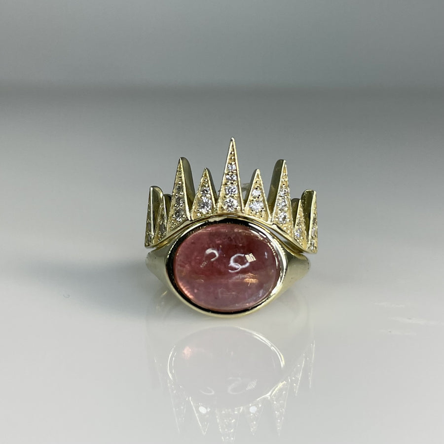 14K Yellow Gold Pink Tourmaline and Diamond Crown Ring Set 4.63ct/0.30ct