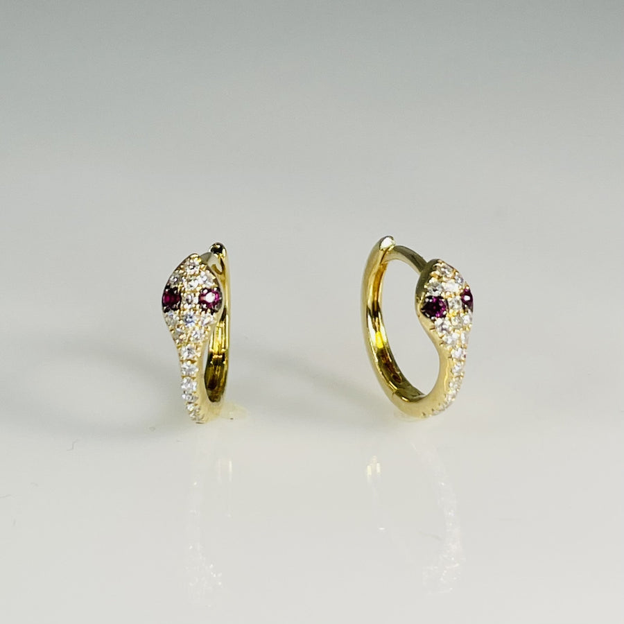 14K Yellow Gold Ruby and Diamond Snake Huggies 0.03ct/0.11ct