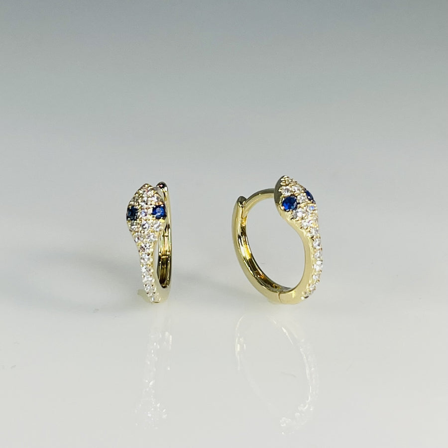 14K Yellow Gold Blue Sapphire and Diamond Snake Huggies 0.03ct/0.10ct