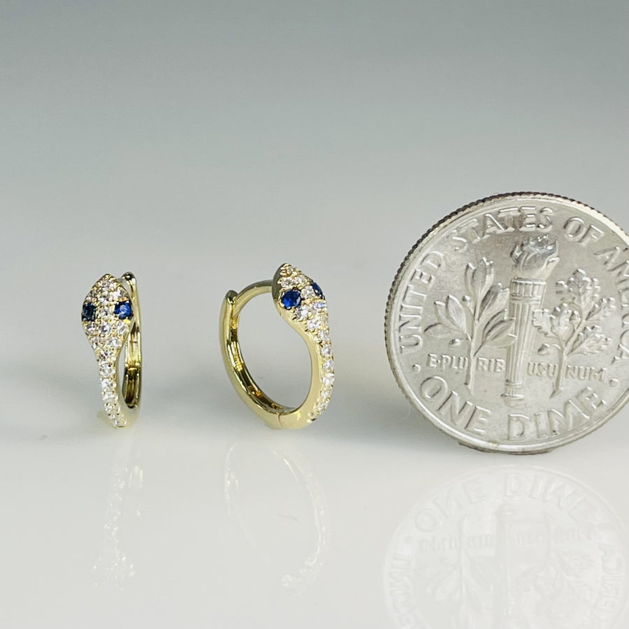 14K Yellow Gold Blue Sapphire and Diamond Snake Huggies 0.03ct/0.10ct