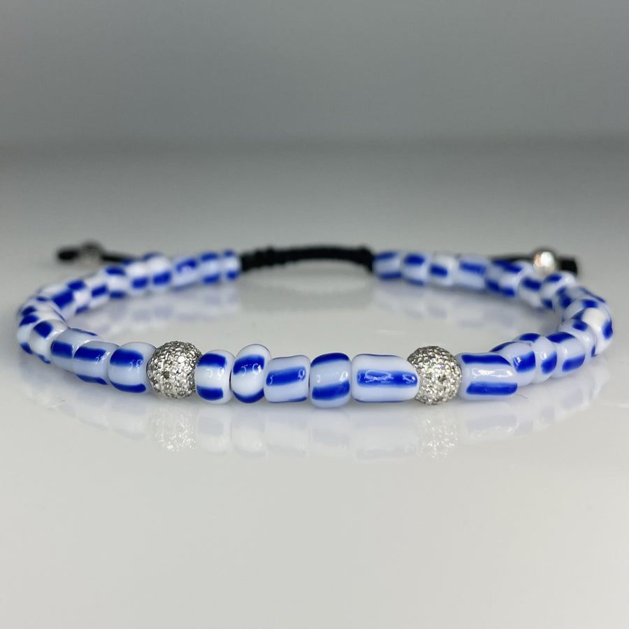 14K White Gold Diamond Blue and White Glass Beaded Bracelet