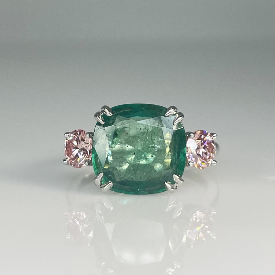 14K White Gold Emerald and Pink Lab Grown Diamond Ring 3.79/0.73ct