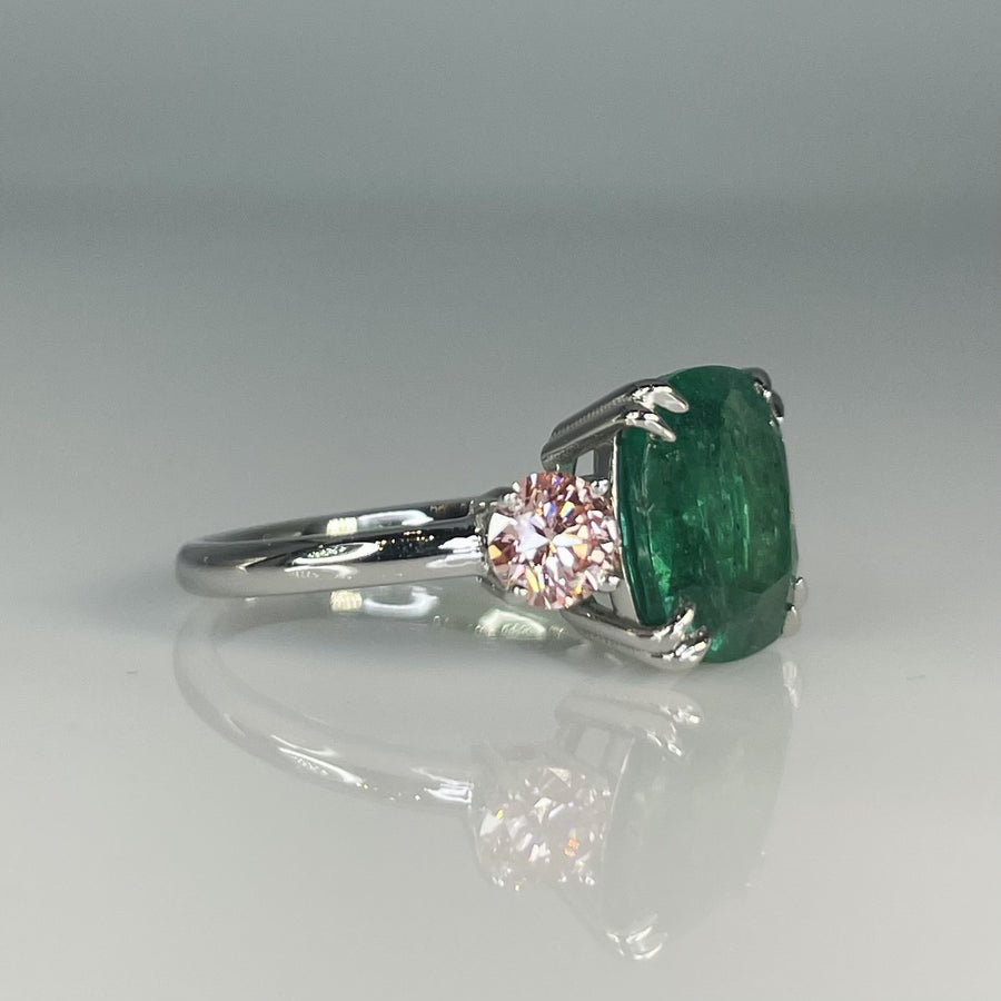 14K White Gold Emerald and Pink Lab Grown Diamond Ring 3.79/0.73ct