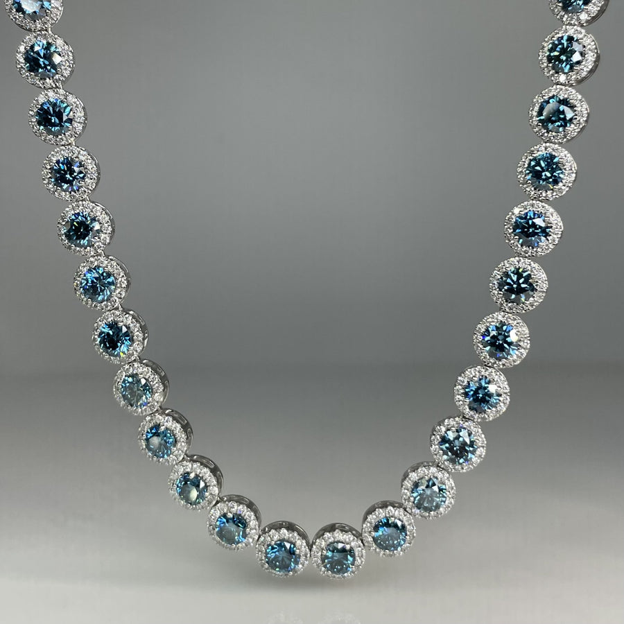 14K White Gold Lab Grown Blue and White Diamond Tennis Necklace 29/29ct