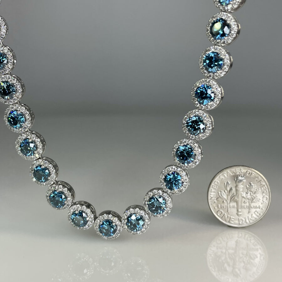 14K White Gold Lab Grown Blue and White Diamond Tennis Necklace 29/29ct