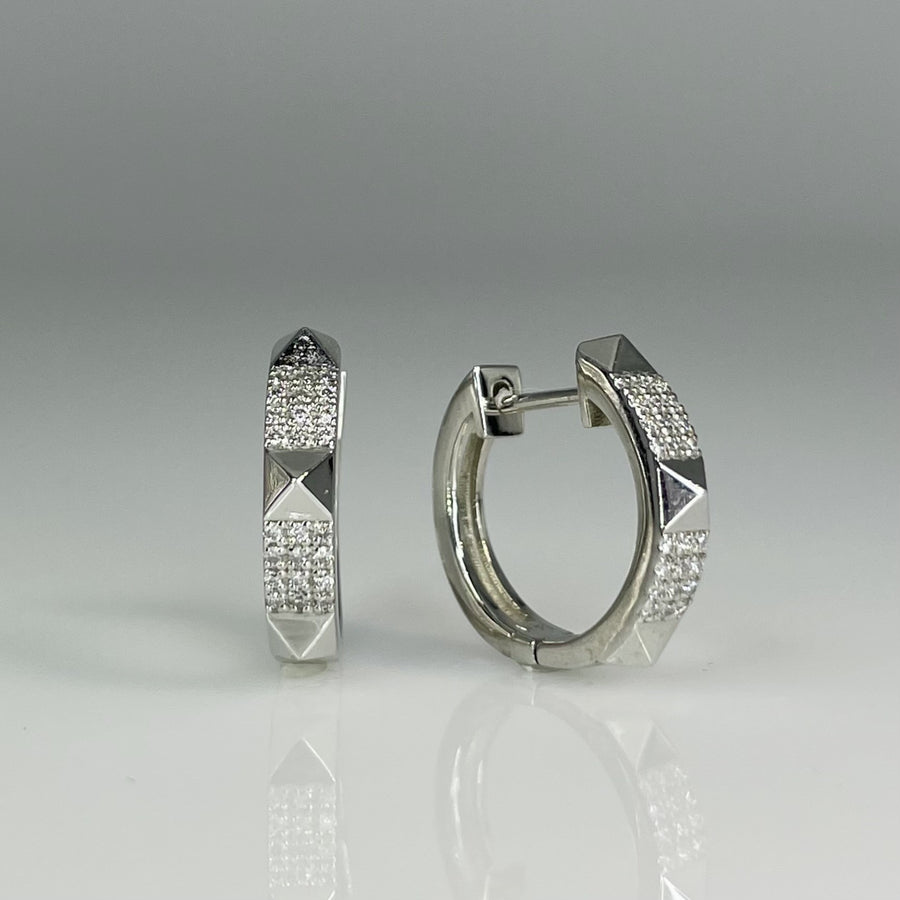 14K White Gold Pyramid Cuff Diamond Huggies 0.13ct