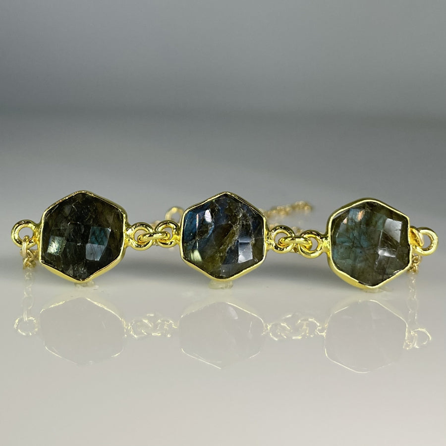 3 Stone Hexagon Cut Labradorite Bezel Bracelet 11mm