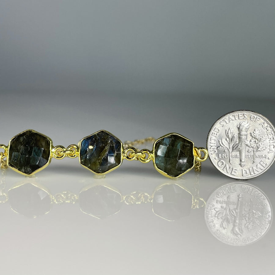 3 Stone Hexagon Cut Labradorite Bezel Bracelet 11mm