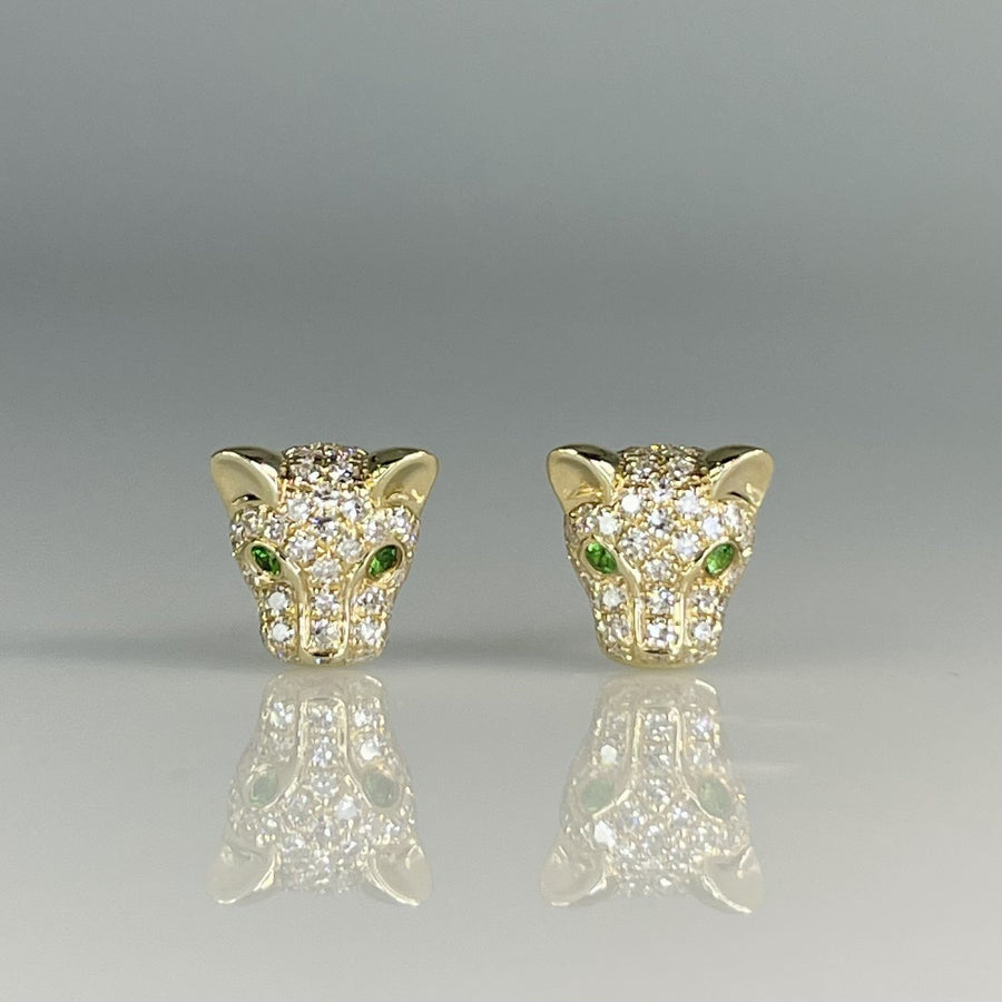 14K Yellow Gold Tsavorite and Diamond Panther Stud Earrings 0.20/0.02ct