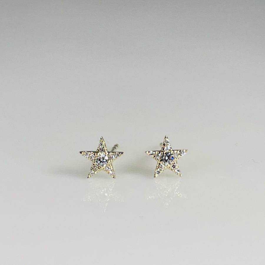 14K Yellow Gold Natural Diamond Star Stud Earrings 0.05ct/0.06ct