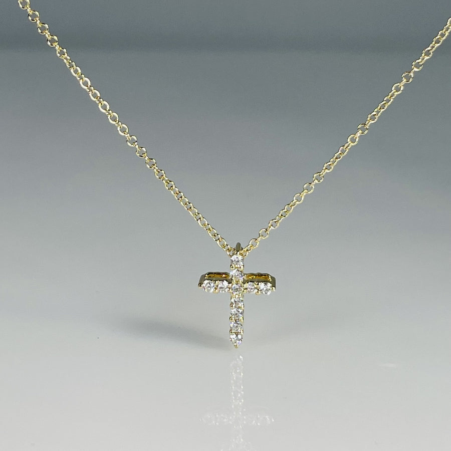 14K Yellow Gold Natural Diamond Cross Necklace 0.15ct