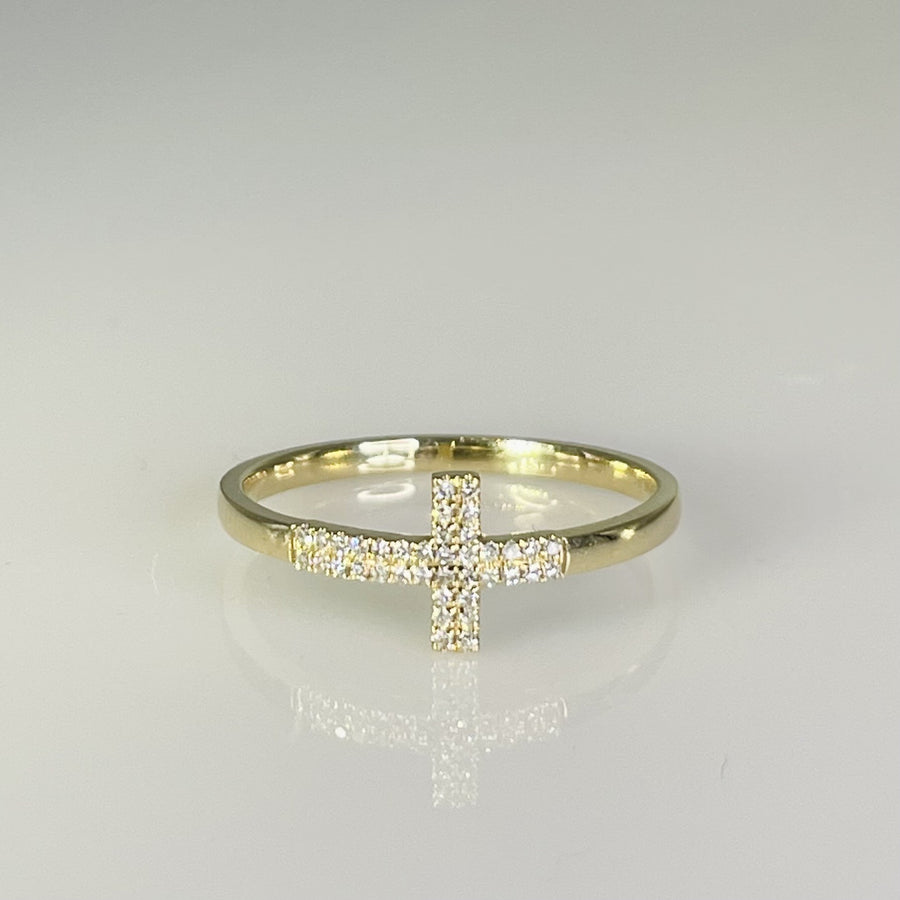 14K Yellow Gold Natural Diamond Cross Ring 0.08ct