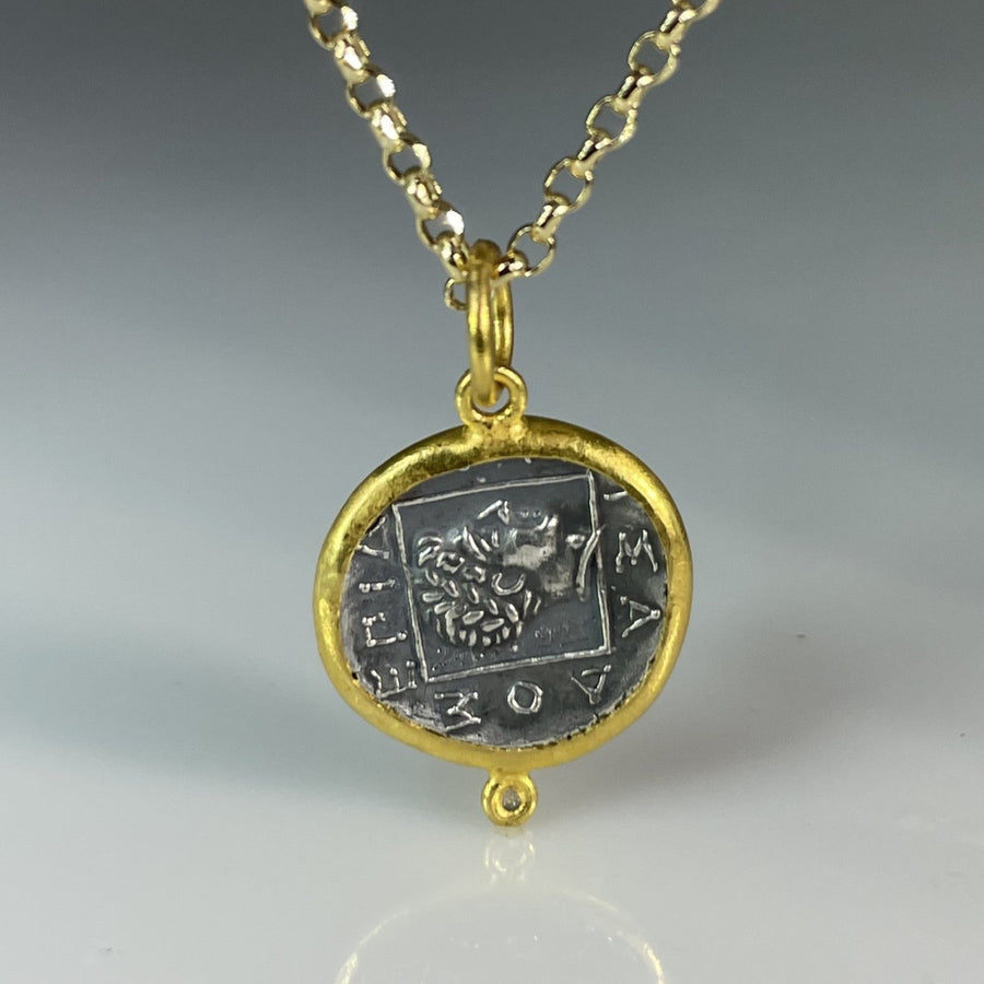 24K Yellow Gold & Sterling Silver Diamond Coin Necklace 0.02ct