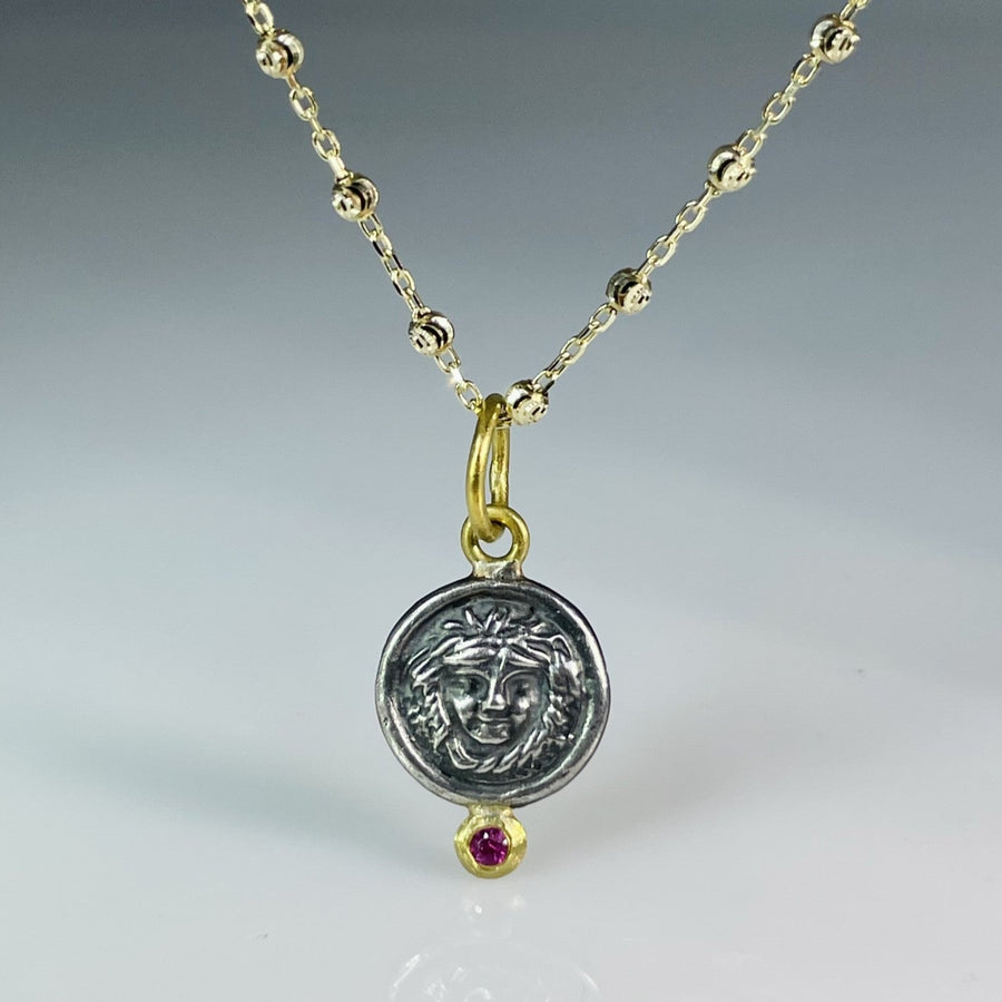 24K Yellow Gold & Sterling Silver Ruby Medusa Coin Necklace 0.05ct