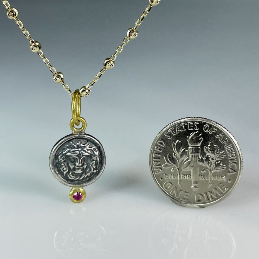 24K Yellow Gold & Sterling Silver Ruby Medusa Coin Necklace 0.05ct