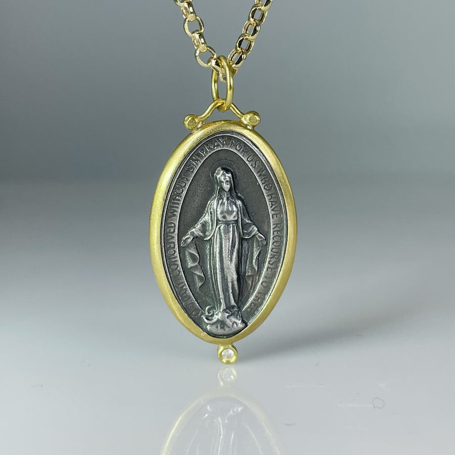 24K Yellow Gold and Sterling Silver Natural Diamond Virgin Mary Necklace 0.02ct