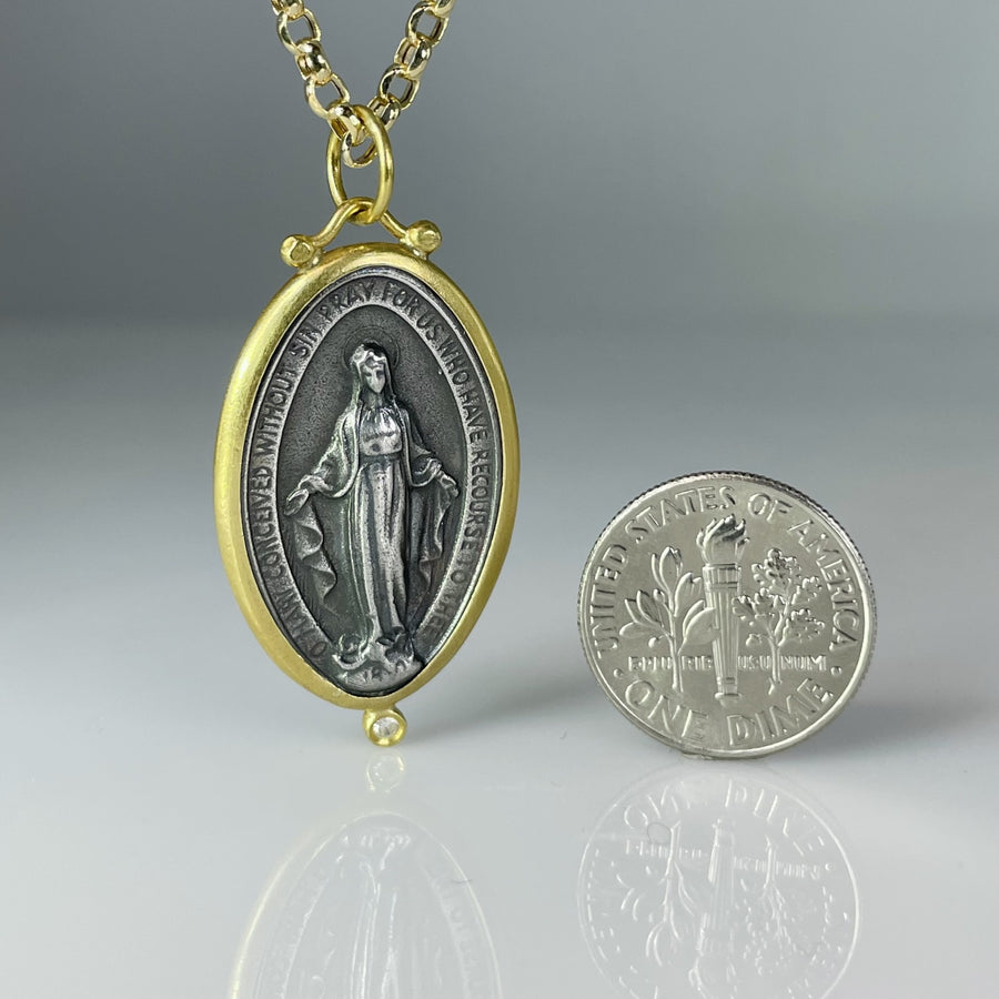 24K Yellow Gold and Sterling Silver Natural Diamond Virgin Mary Necklace 0.02ct