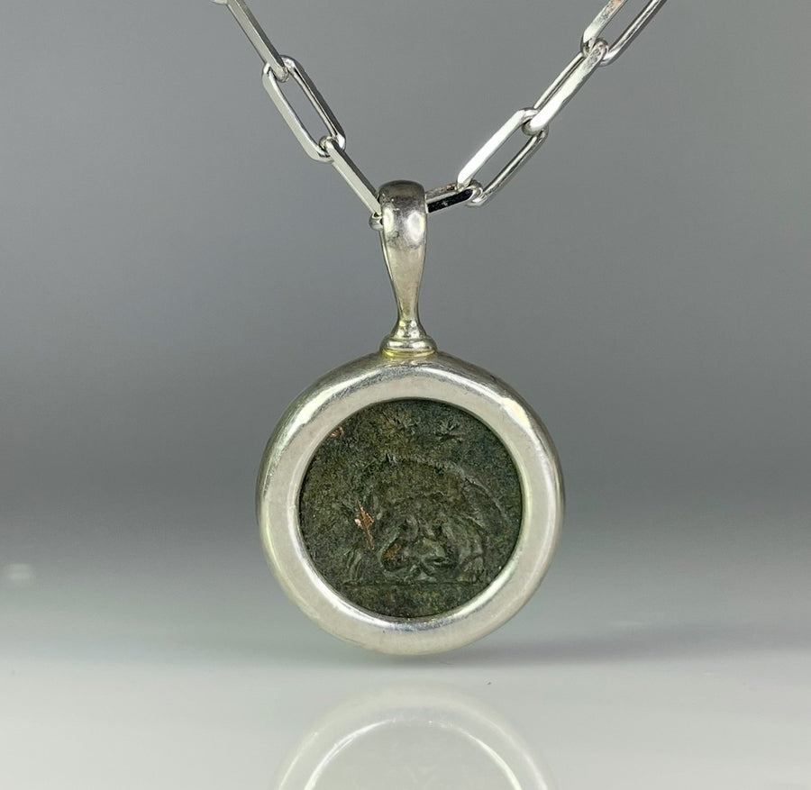 Sterling Silver Ancient Coin Necklace (Romulus and Remus 306-337 A.D)