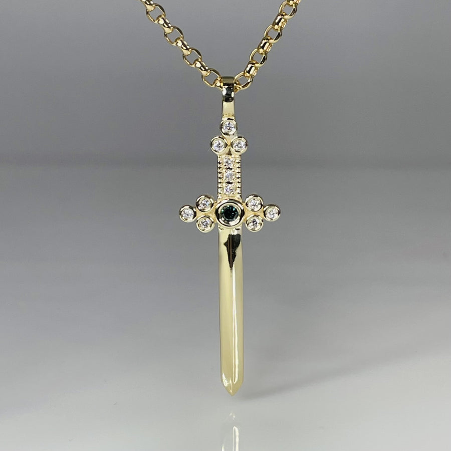 14K Yellow Gold Blue Diamond Sword Necklace 0.08/0.19ct 15x42mm