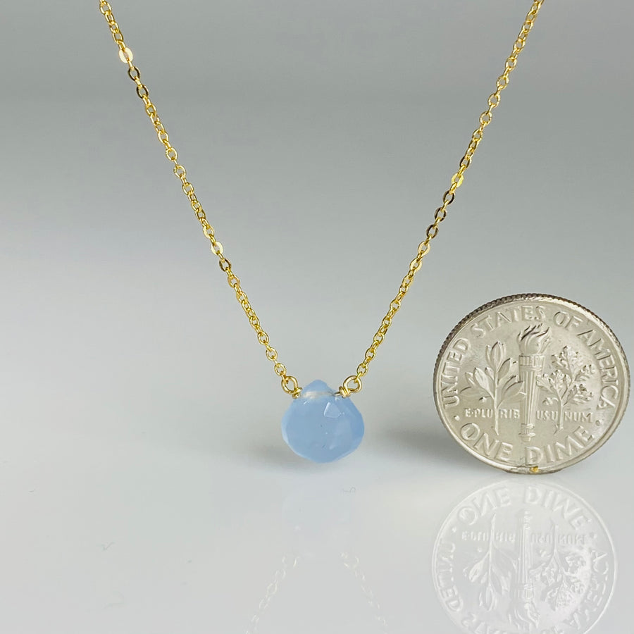 14K Yellow Gold Blue Chalcedony Drop Necklace 8mm