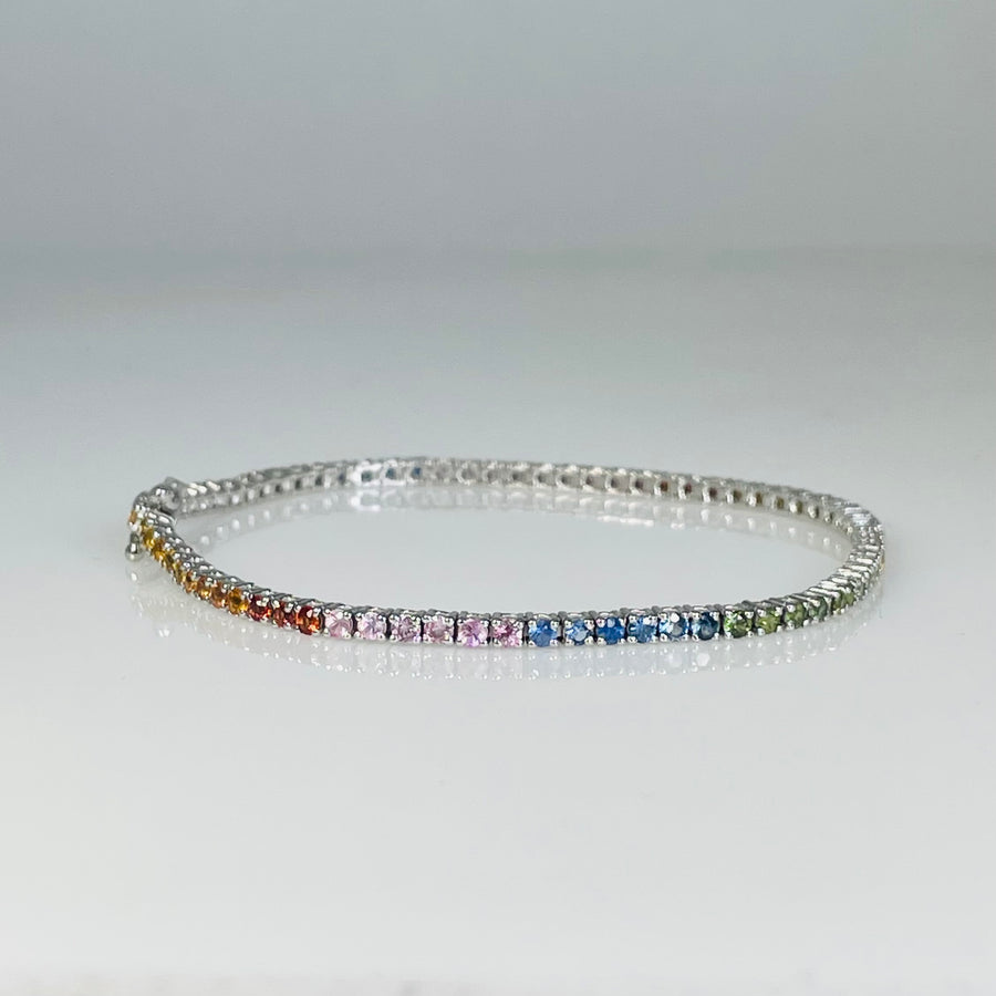 14K White Gold Rainbow Sapphire Tennis Bracelet 3.04ct