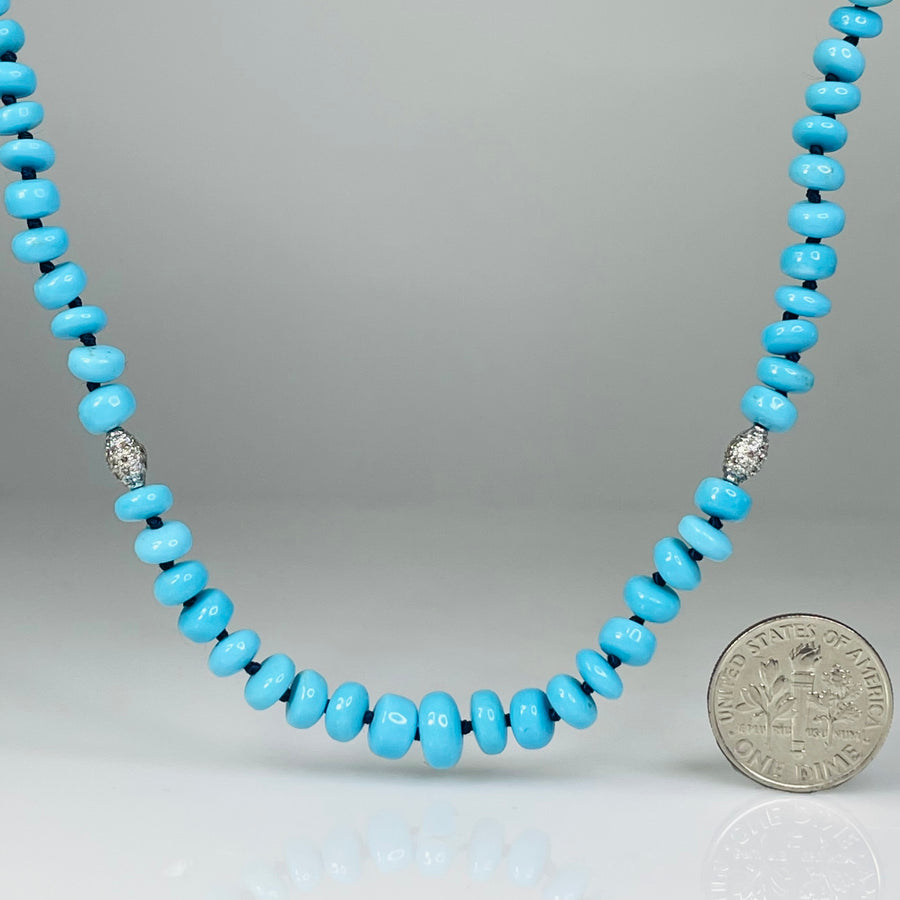 14K White Gold Kingman Turquoise and Diamond Beaded Necklace